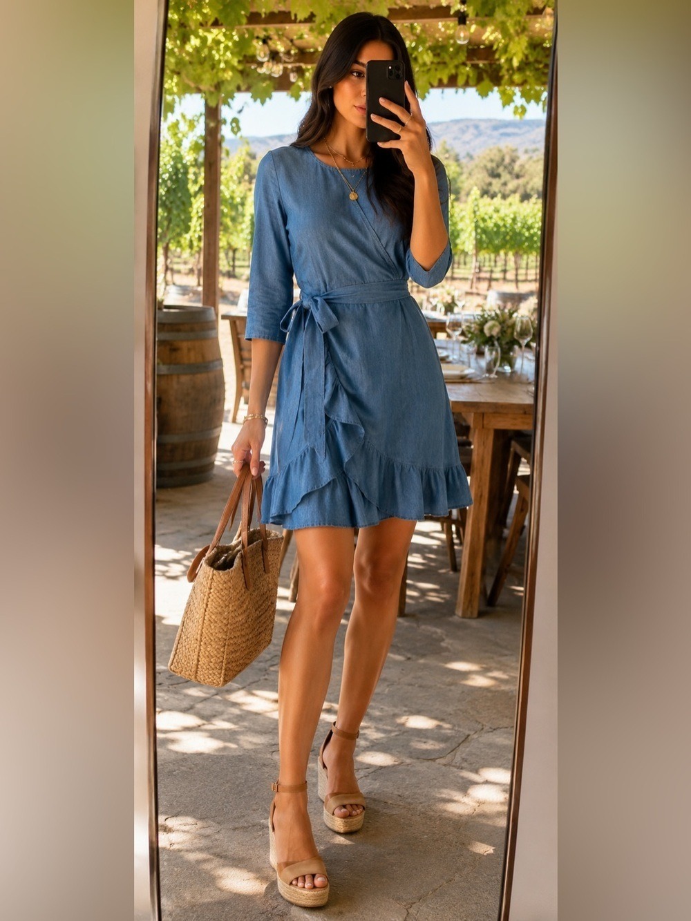NWOT GAP Chambray Faux Wrap Dress Medium Blue Lyocell Ruffle Hem Boho Midi
